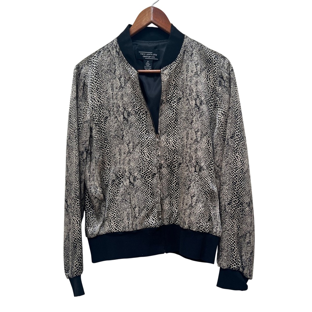 New York City Design Co. Womens Black Animal Print Silk‎ Bomber Jacket Size M